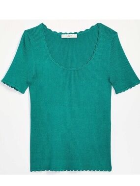 Loft Green Teal Ribbed Scoop Neck Scalloped Top